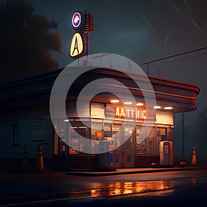 3D rendering of a gas station in the foggy night.