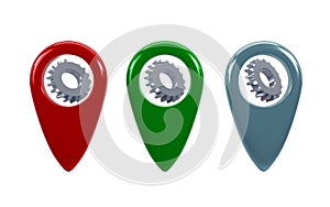 3D rendering of gear cog in location pin on white background, location setting icon, map checkmark, Service and maintenance
