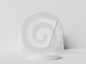 3d rendering geometric forms. Blank podium display in white marble color. Minimalist pedestal or showcase scene for present