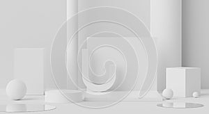 3d rendering geometric forms. Blank podium display in white marble color. Minimalist pedestal or showcase scene for present