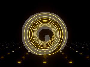 3D rendering. Geometric  neon frame. Yellow tunnel