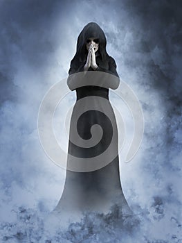 3D rendering of a ghost nun praying.