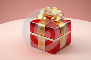 3D Rendering of a Glass Gift Box with a Golden Bow on a Striking Red Background.