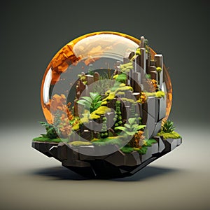 3d rendering of a glass sphere with plants and rocks