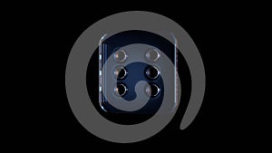 3d rendering glass symbol of dice six isolated on black with reflection