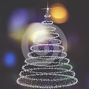 3d rendering of a glittering Christmas tree concept over a dark background with bokeh lights