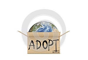 3d rendering of globe in the cardboard open box with an inscription saying adopt on white background