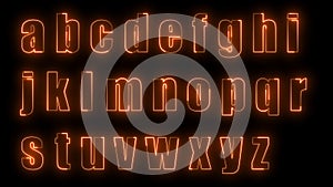 3D rendering glow effects of the contours of the lowercase letters of the English alphabet on a black background