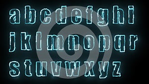 3D rendering glow effects of the contours of the lowercase letters of the English alphabet on a black background