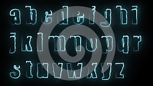 3D rendering glow effects of the contours of the lowercase letters of the English alphabet on a black background