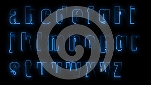 3D rendering glow effects of the contours of the lowercase letters of the English alphabet on a black background