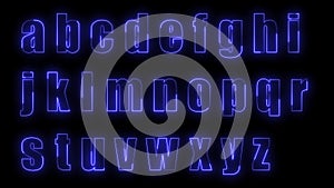 3D rendering glow effects of the contours of the lowercase letters of the English alphabet on a black background