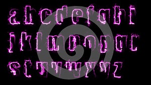 3D rendering glow effects of the contours of the lowercase letters of the English alphabet on a black background