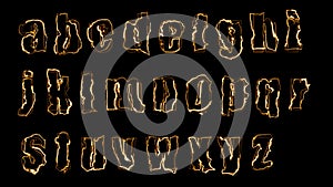 3D rendering glow effects of the contours of the lowercase letters of the English alphabet on a black background