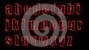 3D rendering glow effects of the contours of the lowercase letters of the English alphabet on a black background