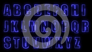 3D rendering glow effects of the contours of the uppercase letters of the English alphabet on a black background