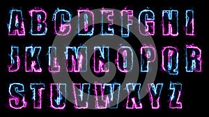 3D rendering glow effects of the contours of the uppercase letters of the English alphabet on a black background