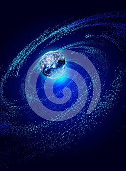 3D rendering of glowing digital earth, particle flow universe vortex, network technology big data background.