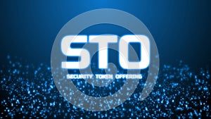 3D rendering of glowing Security Token Offering STO text on abstract binary background. For crypto currency, token promoting,