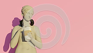 3d rendering. Goddess Hypnos drinking coffee while listening to music