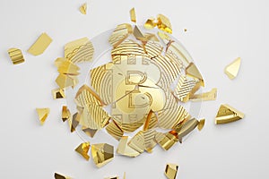 3D rendering gold Bitcoin Break down, Cryptocurrency investment technology digital money crash crisis concept design on white