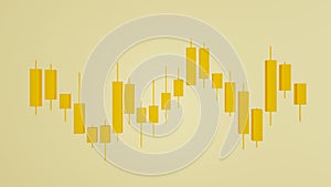 3d rendering of gold candlestick chart with EMA Indicator line isolated on white background.