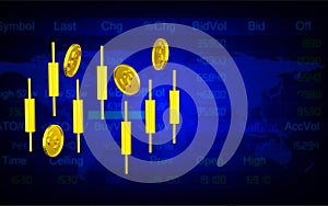 3D rendering gold candlesticks with coins blurred background, concept business finance growth, stock investment, and economic