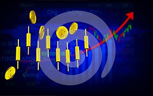 3D rendering gold candlesticks with coins, Market graph, and chart illustration blurred background, concept business finance
