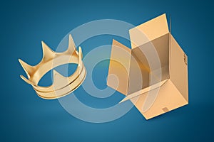 3d rendering of gold crown flying out of brown cardboard box on blue gradient background.