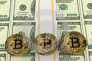 3d rendering. gold crypto currency bitcoin stack and US dollar banknote background