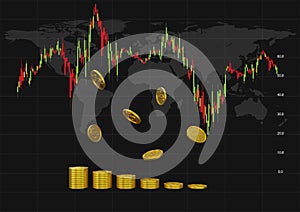 3d rendering gold dollar coins and dashboard monitor Trading Chart Stock Market With Dollar Coin and World Concept Business Financ