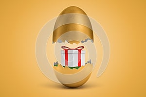 3d rendering of gold egg cracked in two, lower half with beautiful gift box on green grass inside, upper half in air, on