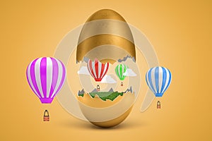 3d rendering of gold egg cracked in two, lower half with green grass inside, upper half in air, with several hot-air
