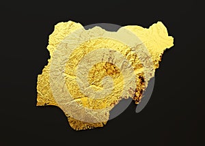 3D rendering of the gold metal map of Nigeria isolated on a  black background