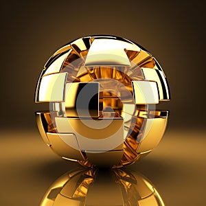 3d rendering of a gold sphere on a reflective surface