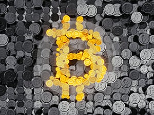 3D rendering of a golden bitcoin sign made of bitcoins on a gray pile of cash