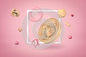 3d rendering of golden casino roulette with random geometric objects on pink background