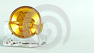 3D rendering of golden coin in an ice cube, Economic slowdown and disruptions in the financial system are like being frozen