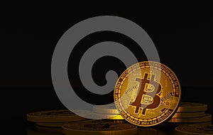 3D rendering of golden cryptocurrency coin on glod background.