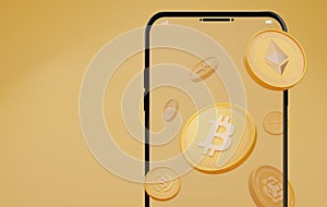 3D rendering of golden cryptocurrency coin on Mobile on glod background.