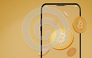 3D rendering of golden cryptocurrency coin on Mobile on glod background.