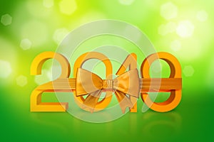 3d rendering of golden digits 2019 tied with a golden ribbon on blurred green background.