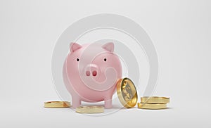 3d rendering. Golden dollar coins with pink piggy bank on white background.