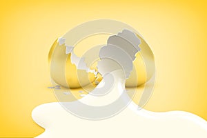 3d rendering of a golden egg broken in half with white liquid flowing out of it on a yellow background.