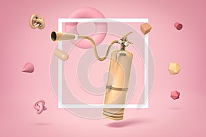 3d rendering of golden foam portable fire extinguisher with random objects on pink background