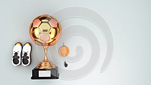 3D Rendering Of Golden Football Trophy Cup With Medal Badge, Whistle, Sports Shoe And Copy Space On Gray