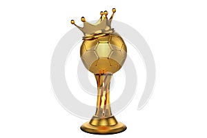 3d rendering of the golden football trophy with a king crown on