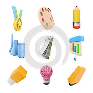 3d rendering golden medal, chemical flasks, pencil, eraser, bulb with brain, yellow marker, presentation board, notebook