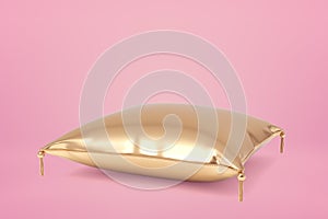 3d rendering of golden satin cushion lying on pink background with copy space above it.
