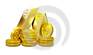 3d rendering Golden Stack of Money Coins and Gold bars isolated white background copy space